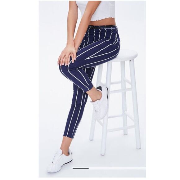 Forever 21 Striped Skinny Harper Pants Navy Women’s L - Picture 5 of 10